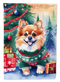 Pomeranian Christmas House Flag 28x40 Porch Sleeve Pole Decorative Outside Yard Banner Artwork Wall Hanging, Polyester