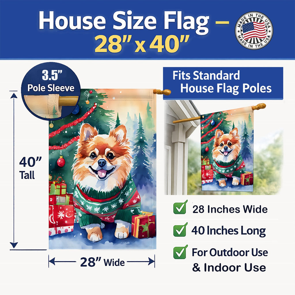 Pomeranian Christmas House Flag 28x40 Porch Sleeve Pole Decorative Outside Yard Banner Artwork Wall Hanging, Polyester