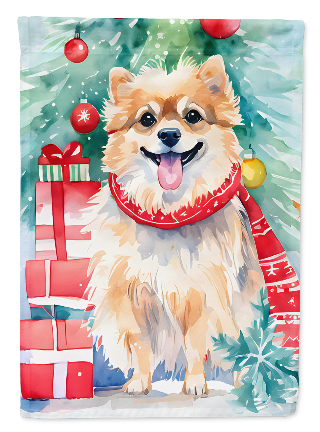 Pomeranian Christmas House Flag 28x40 Porch Sleeve Pole Decorative Outside Yard Banner Artwork Wall Hanging, Polyester