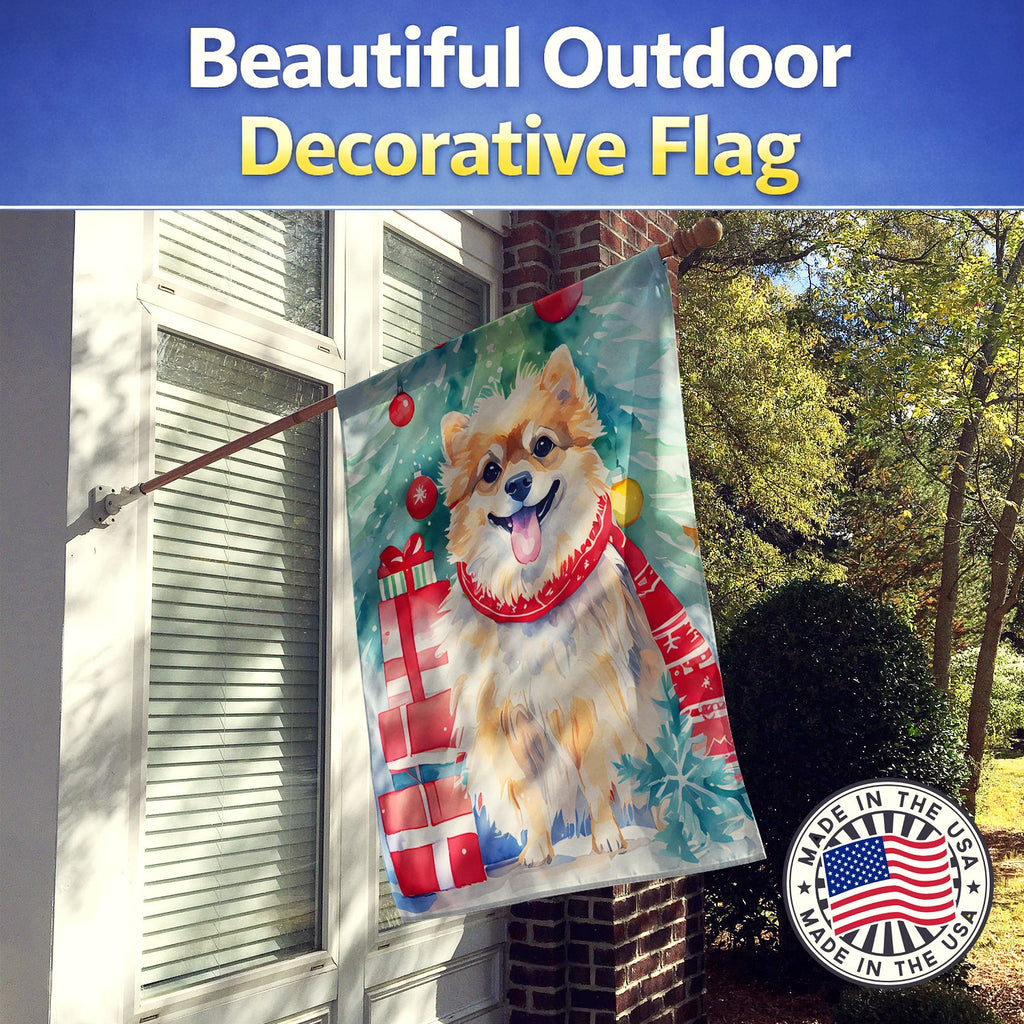 Pomeranian Christmas House Flag 28x40 Porch Sleeve Pole Decorative Outside Yard Banner Artwork Wall Hanging, Polyester