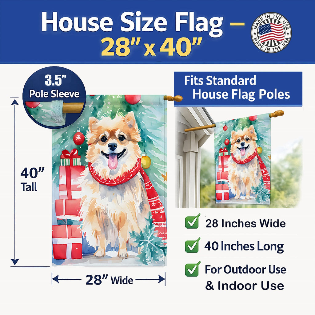 Pomeranian Christmas House Flag 28x40 Porch Sleeve Pole Decorative Outside Yard Banner Artwork Wall Hanging, Polyester