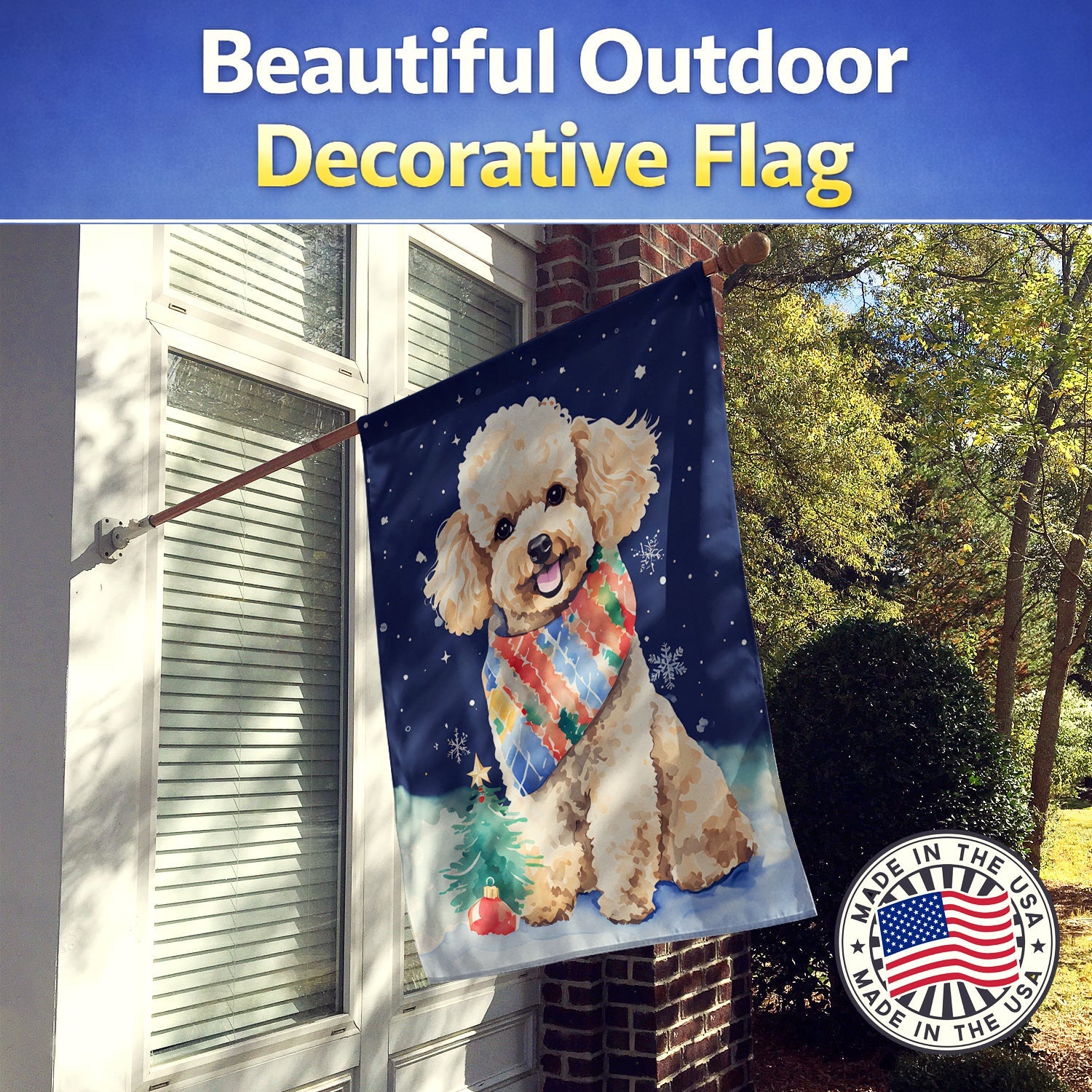 Poodle Christmas House Flag 28x40 Porch Sleeve Pole Decorative Outside Yard Banner Artwork Wall Hanging, Polyester