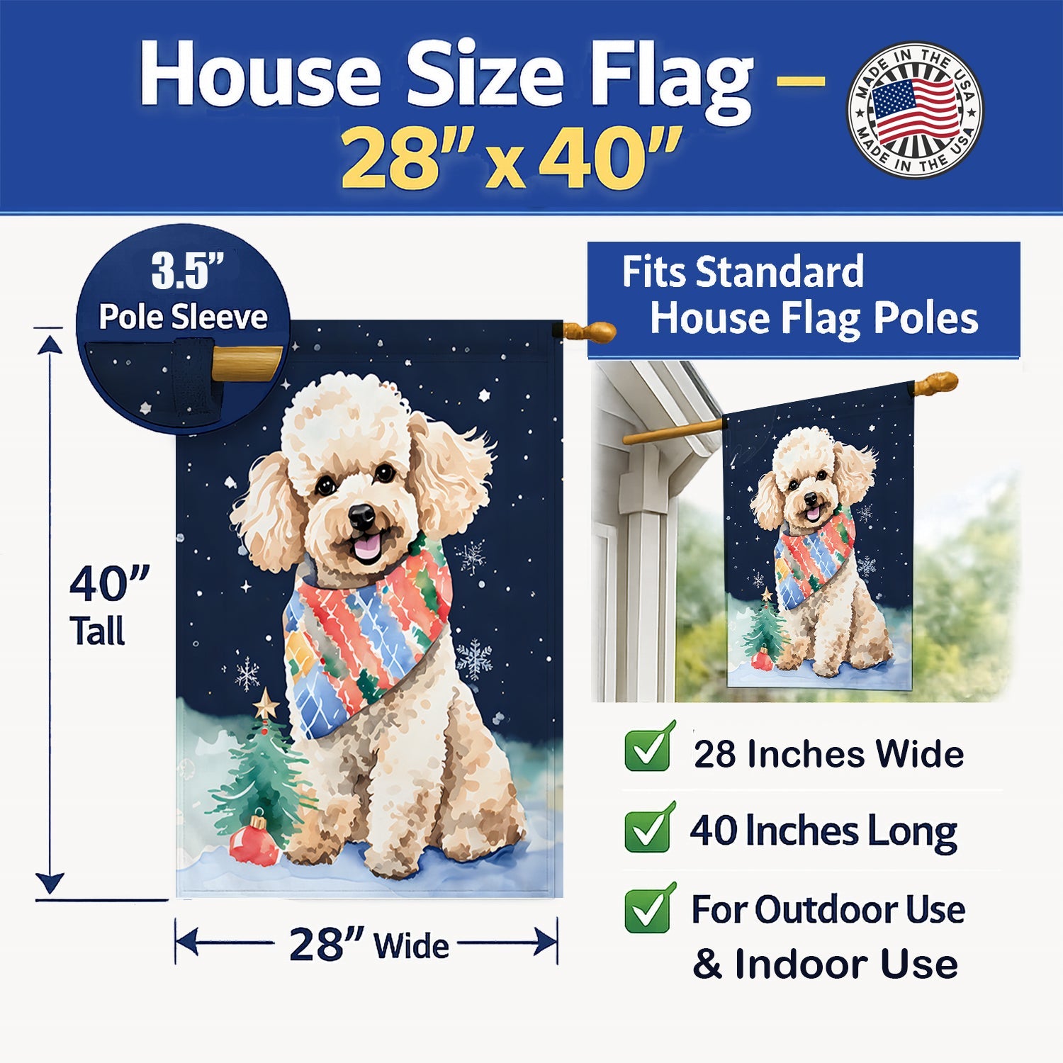 Poodle Christmas House Flag 28x40 Porch Sleeve Pole Decorative Outside Yard Banner Artwork Wall Hanging, Polyester