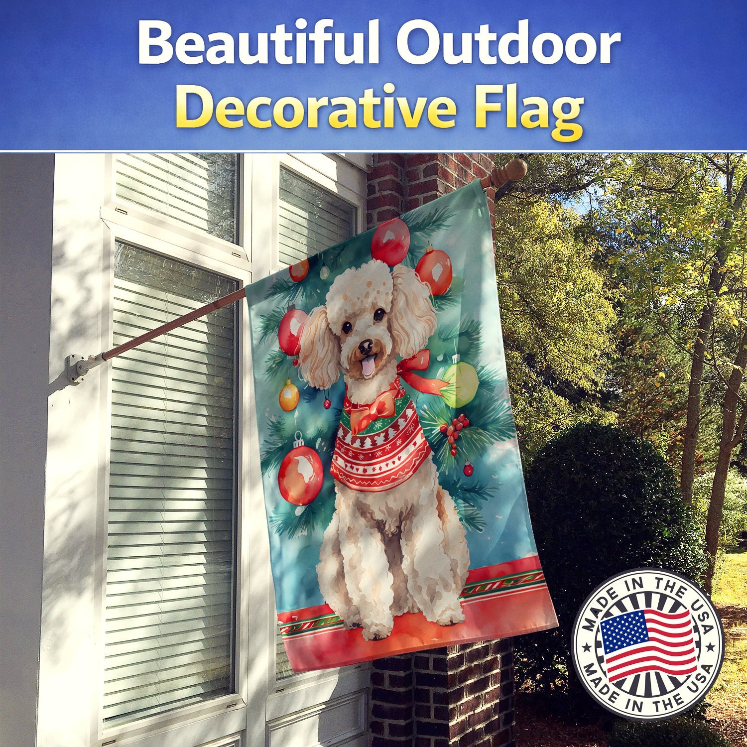 Poodle Christmas House Flag 28x40 Porch Sleeve Pole Decorative Outside Yard Banner Artwork Wall Hanging, Polyester