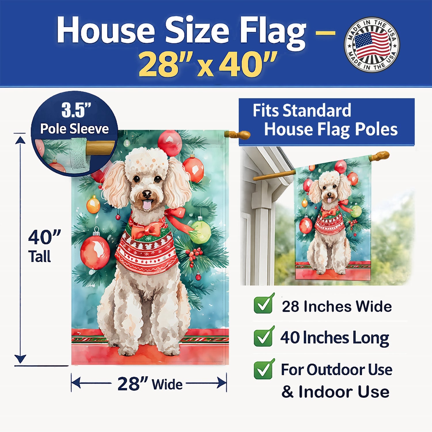 Poodle Christmas House Flag 28x40 Porch Sleeve Pole Decorative Outside Yard Banner Artwork Wall Hanging, Polyester