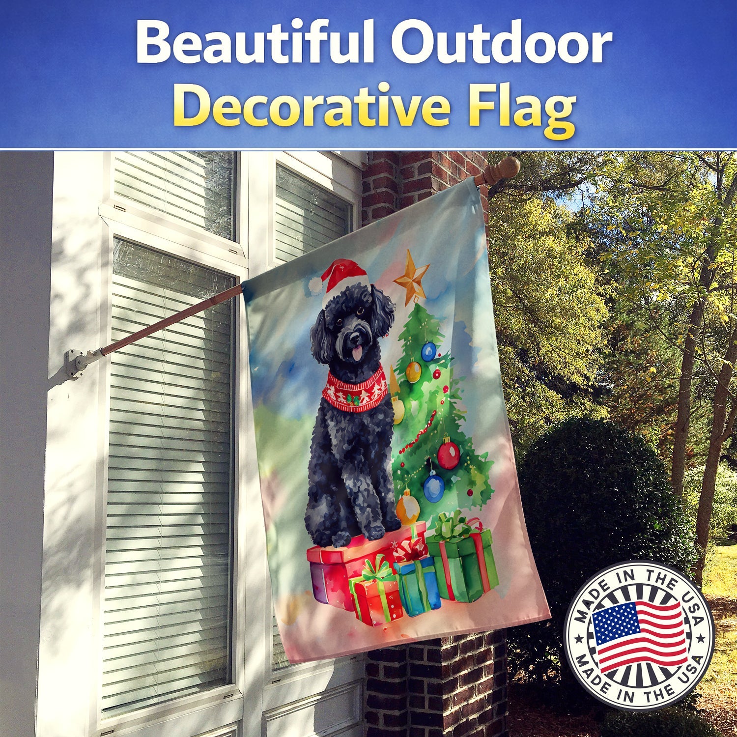 Poodle Christmas House Flag 28x40 Porch Sleeve Pole Decorative Outside Yard Banner Artwork Wall Hanging, Polyester