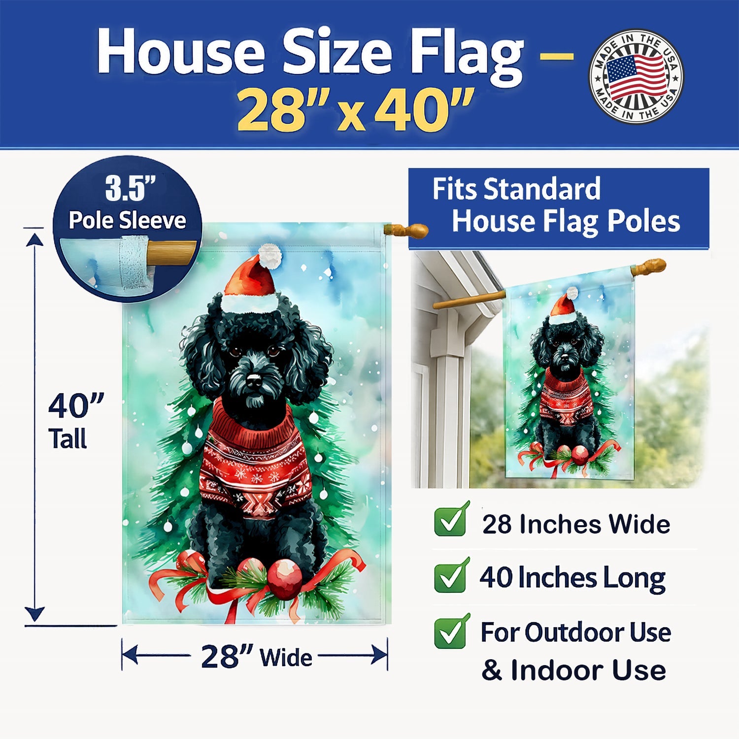 Poodle Christmas House Flag 28x40 Porch Sleeve Pole Decorative Outside Yard Banner Artwork Wall Hanging, Polyester