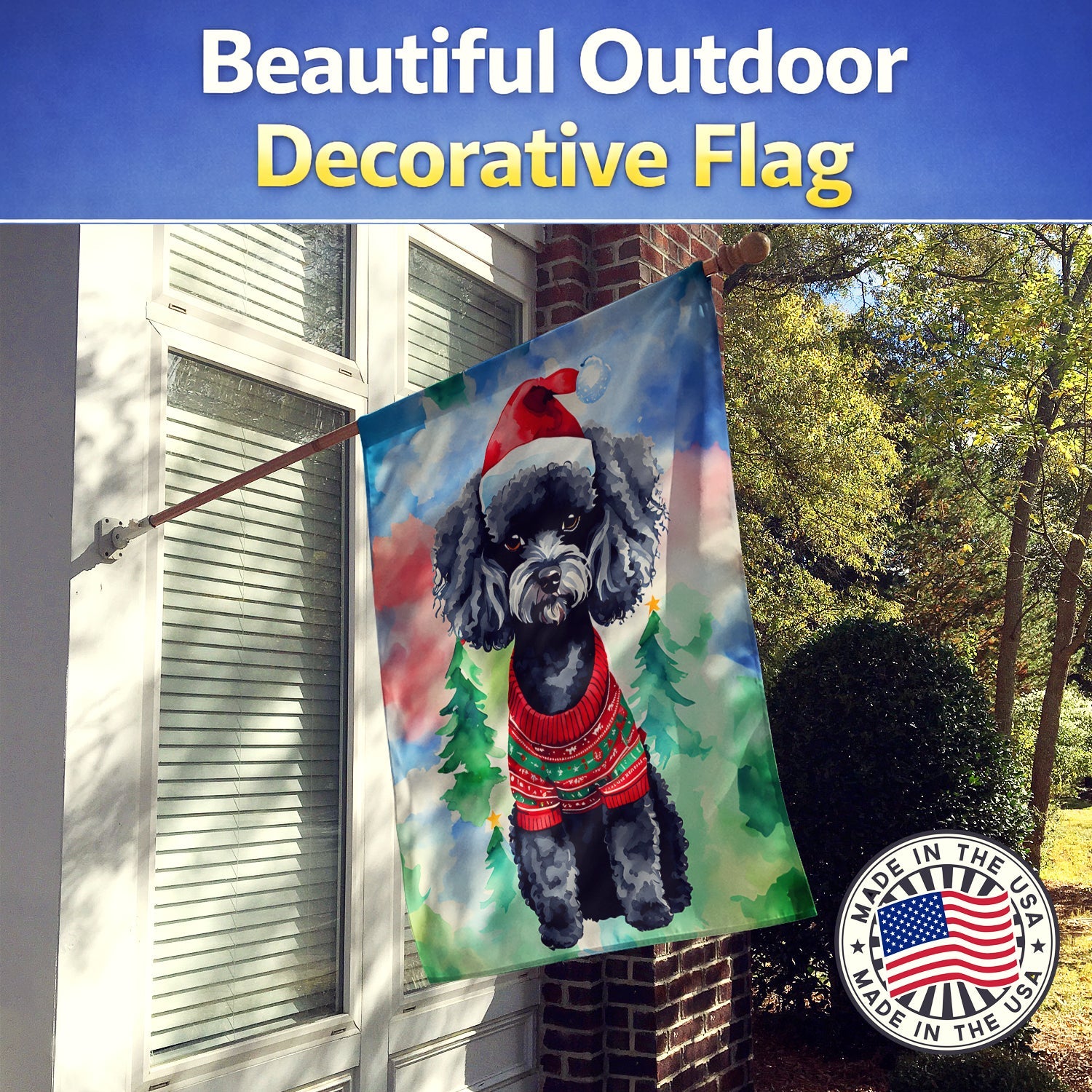 Poodle Christmas House Flag 28x40 Porch Sleeve Pole Decorative Outside Yard Banner Artwork Wall Hanging, Polyester