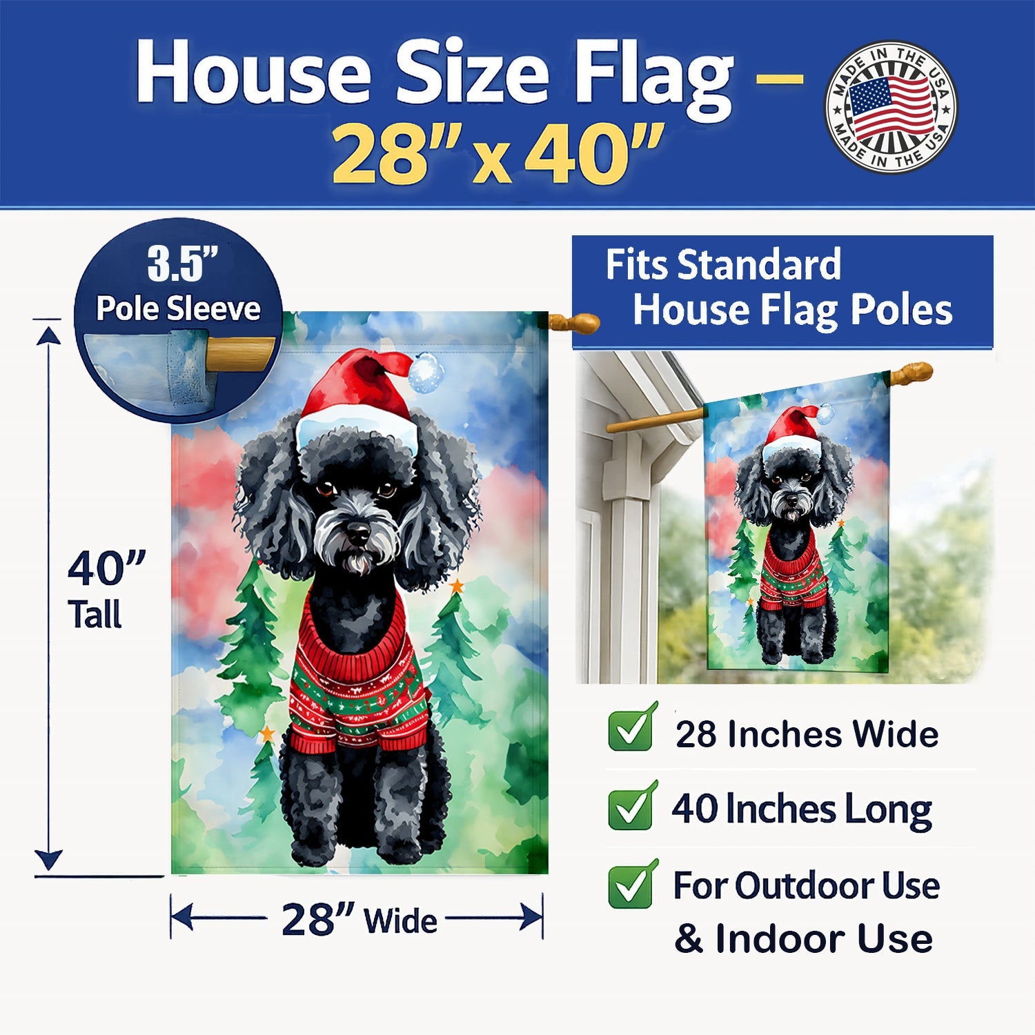 Poodle Christmas House Flag 28x40 Porch Sleeve Pole Decorative Outside Yard Banner Artwork Wall Hanging, Polyester