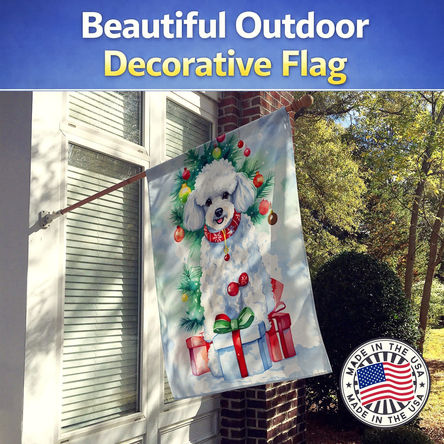 Poodle Christmas House Flag 28x40 Porch Sleeve Pole Decorative Outside Yard Banner Artwork Wall Hanging, Polyester