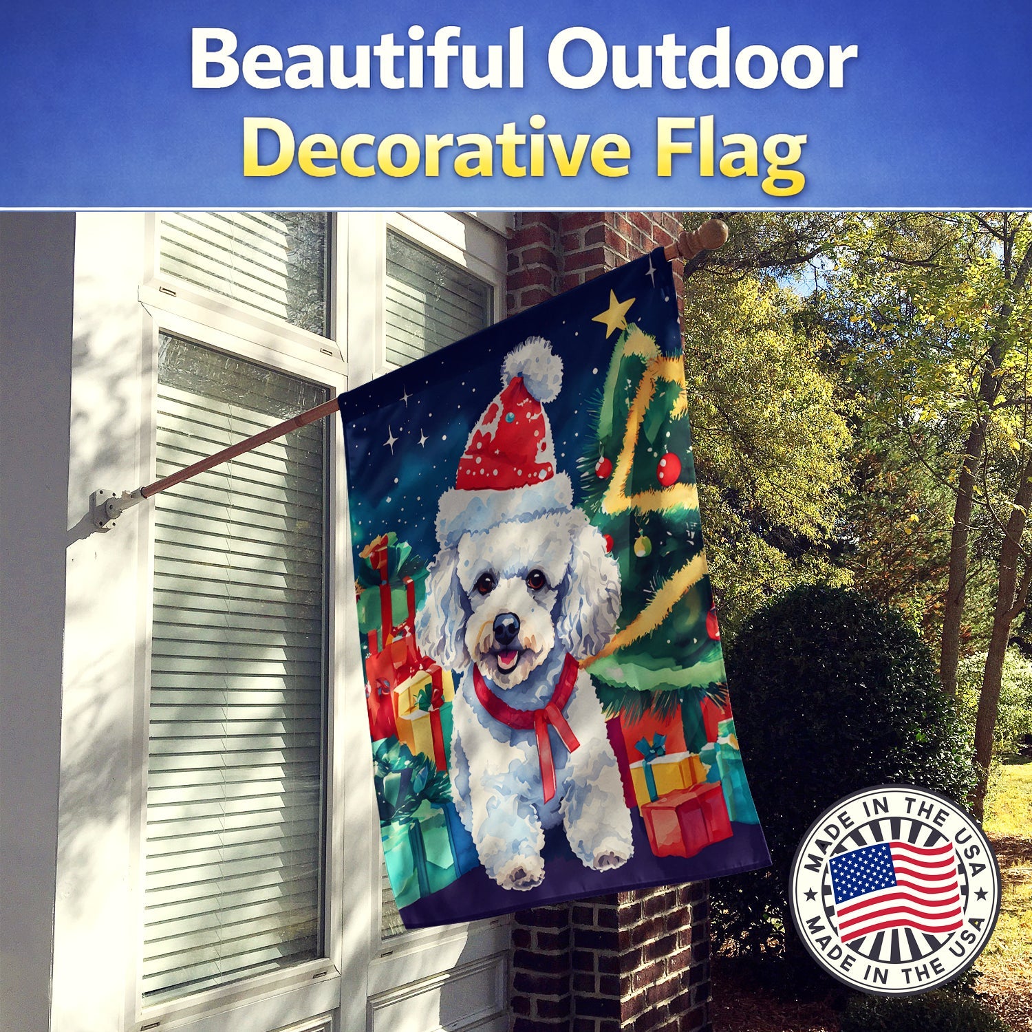 Poodle Christmas House Flag 28x40 Porch Sleeve Pole Decorative Outside Yard Banner Artwork Wall Hanging, Polyester