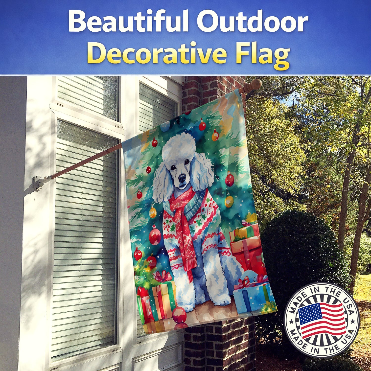 Poodle Christmas House Flag 28x40 Porch Sleeve Pole Decorative Outside Yard Banner Artwork Wall Hanging, Polyester