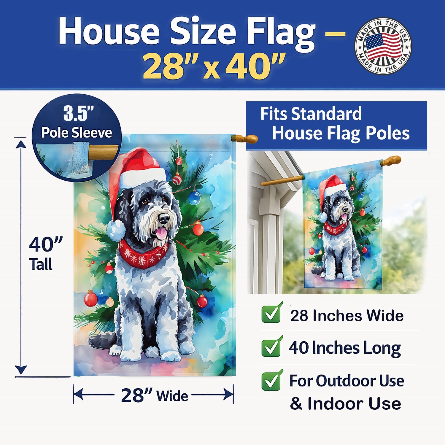 Portuguese Water Dog Christmas House Flag 28x40 Porch Sleeve Pole Decorative Outside Yard Banner Artwork Wall Hanging, Polyester