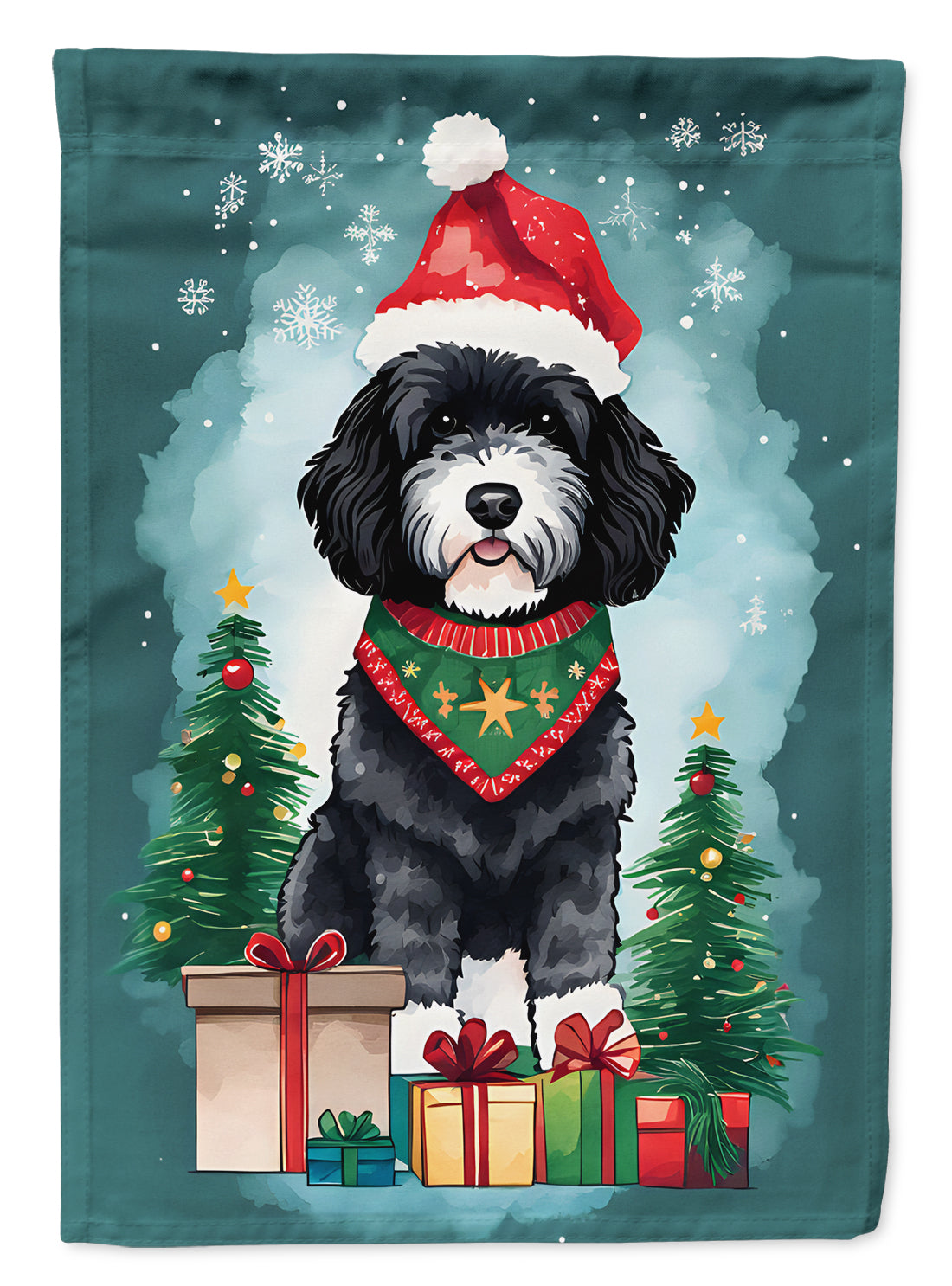 Portuguese Water Dog Christmas House Flag 28x40 Porch Sleeve Pole Decorative Outside Yard Banner Artwork Wall Hanging, Polyester