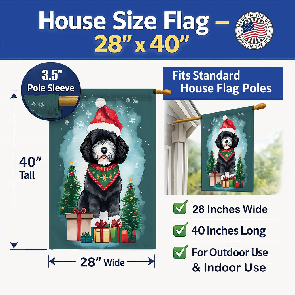 Portuguese Water Dog Christmas House Flag 28x40 Porch Sleeve Pole Decorative Outside Yard Banner Artwork Wall Hanging, Polyester