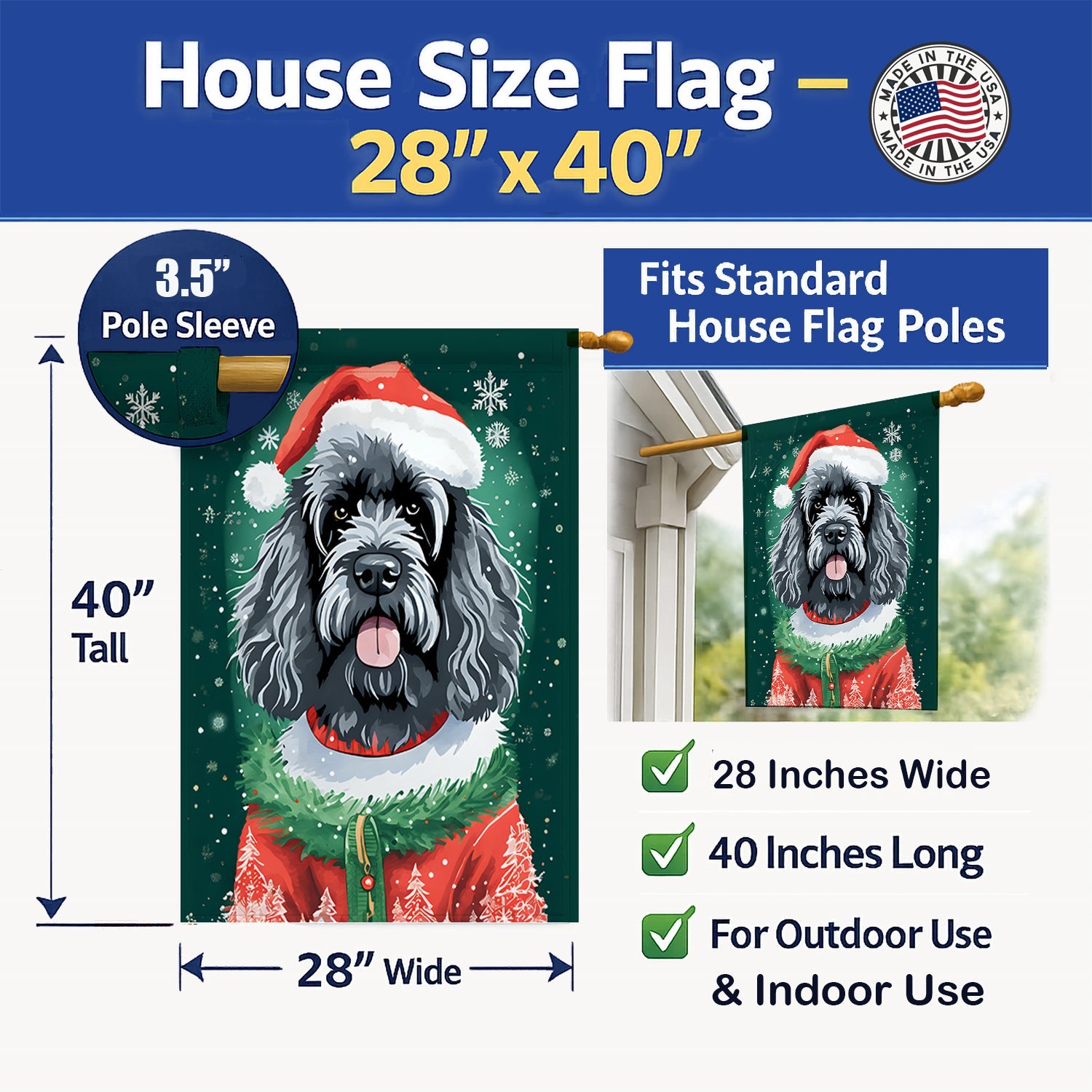 Portuguese Water Dog Christmas House Flag 28x40 Porch Sleeve Pole Decorative Outside Yard Banner Artwork Wall Hanging, Polyester