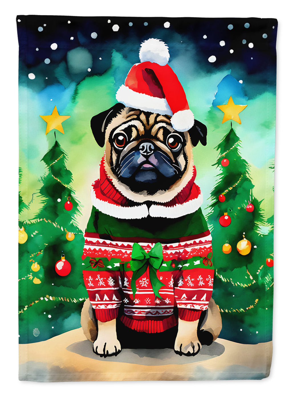 Pug Christmas House Flag 28x40 Porch Sleeve Pole Decorative Outside Yard Banner Artwork Wall Hanging, Polyester