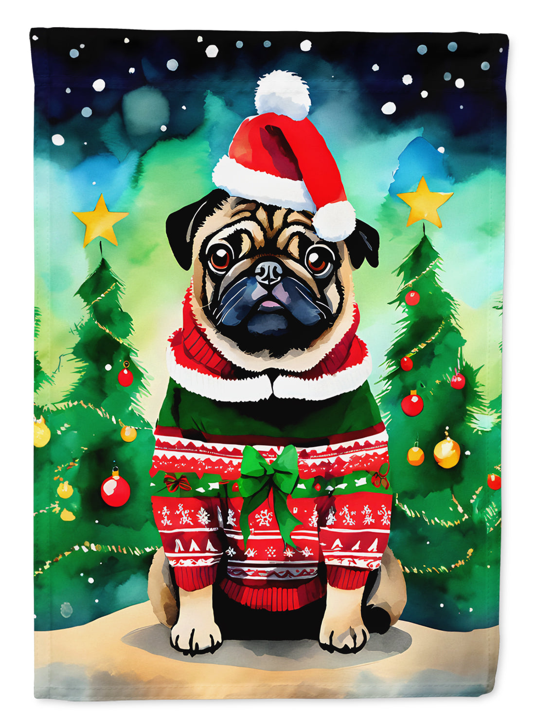Pug Christmas House Flag 28x40 Porch Sleeve Pole Decorative Outside Yard Banner Artwork Wall Hanging, Polyester