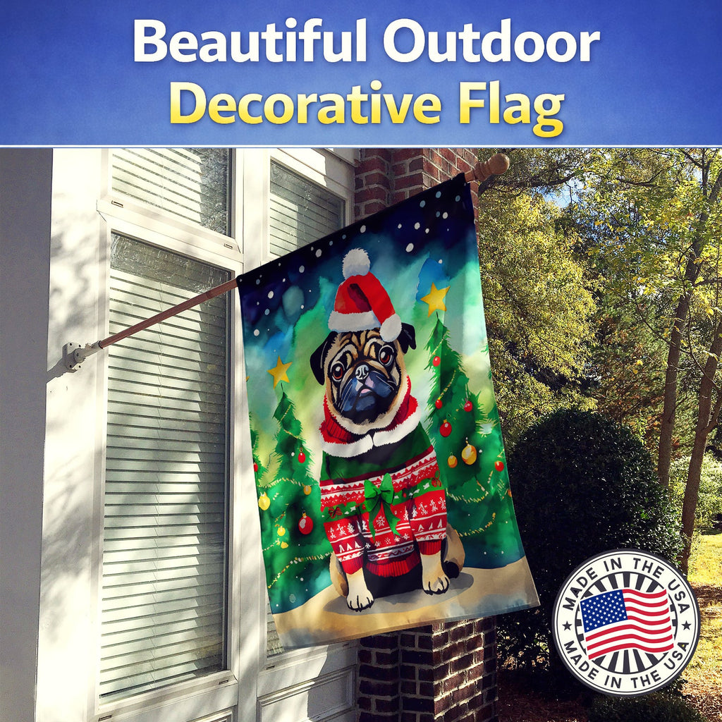 Pug Christmas House Flag 28x40 Porch Sleeve Pole Decorative Outside Yard Banner Artwork Wall Hanging, Polyester