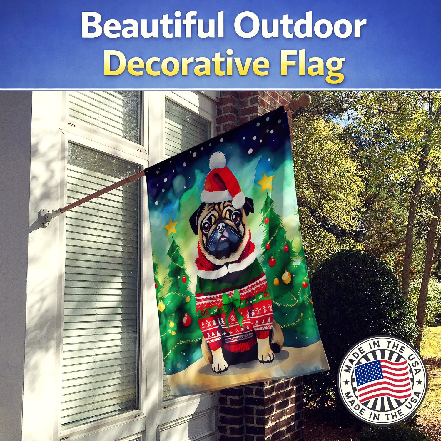 Pug Christmas House Flag 28x40 Porch Sleeve Pole Decorative Outside Yard Banner Artwork Wall Hanging, Polyester