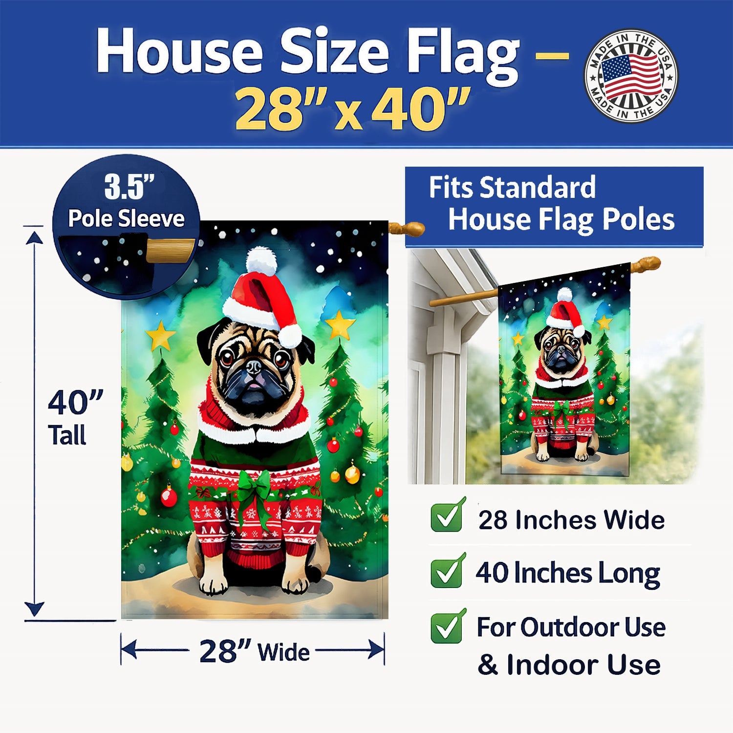 Pug Christmas House Flag 28x40 Porch Sleeve Pole Decorative Outside Yard Banner Artwork Wall Hanging, Polyester