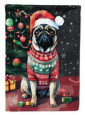 Pug Christmas House Flag 28x40 Porch Sleeve Pole Decorative Outside Yard Banner Artwork Wall Hanging, Polyester