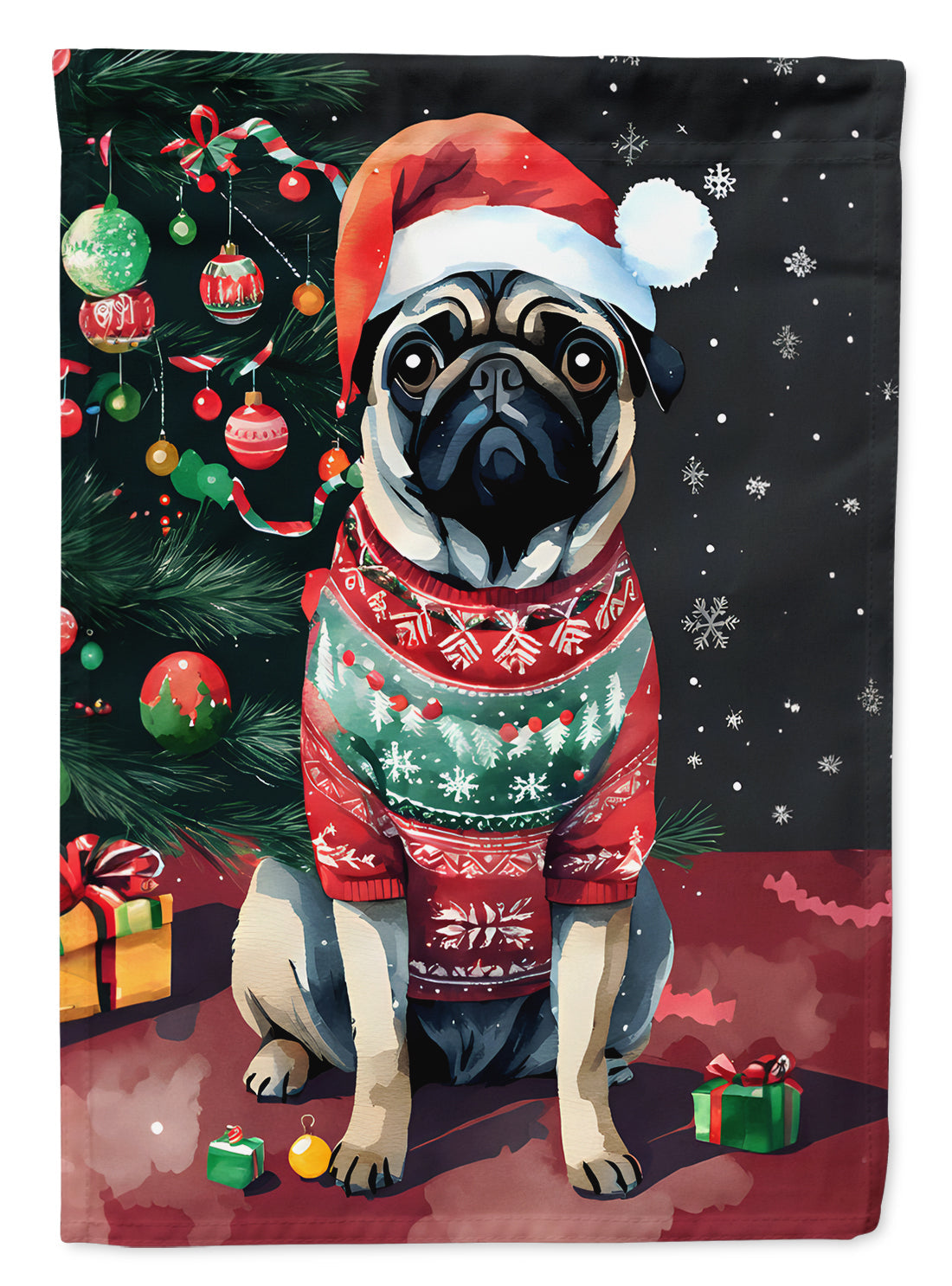 Pug Christmas House Flag 28x40 Porch Sleeve Pole Decorative Outside Yard Banner Artwork Wall Hanging, Polyester