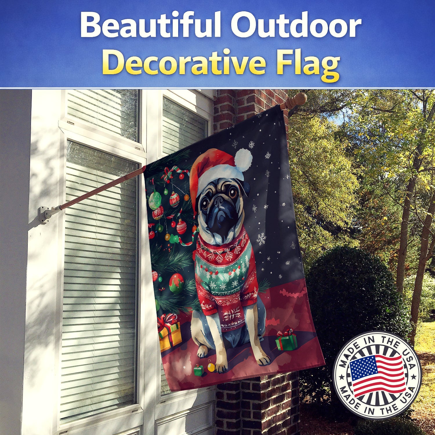 Pug Christmas House Flag 28x40 Porch Sleeve Pole Decorative Outside Yard Banner Artwork Wall Hanging, Polyester