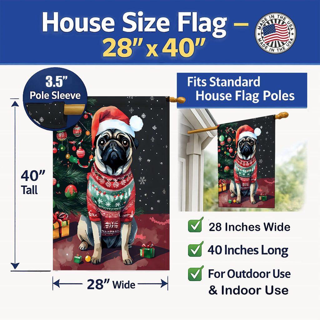 Pug Christmas House Flag 28x40 Porch Sleeve Pole Decorative Outside Yard Banner Artwork Wall Hanging, Polyester