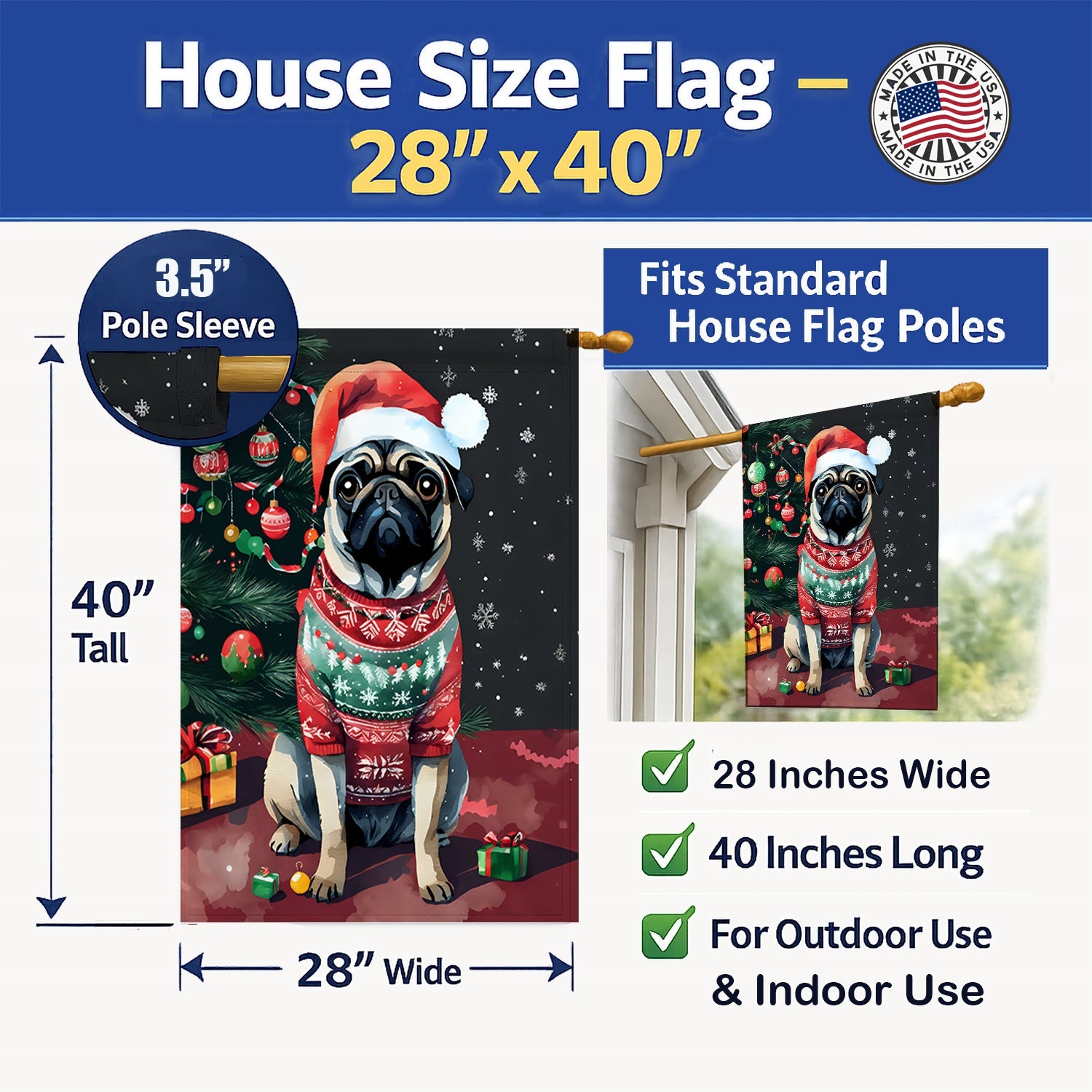 Pug Christmas House Flag 28x40 Porch Sleeve Pole Decorative Outside Yard Banner Artwork Wall Hanging, Polyester