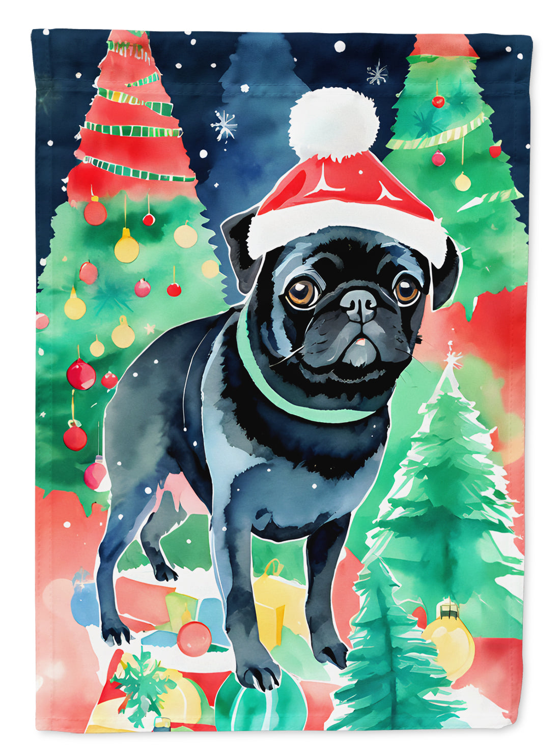 Pug Christmas House Flag 28x40 Porch Sleeve Pole Decorative Outside Yard Banner Artwork Wall Hanging, Polyester