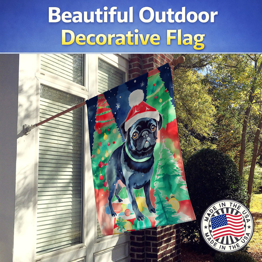 Pug Christmas House Flag 28x40 Porch Sleeve Pole Decorative Outside Yard Banner Artwork Wall Hanging, Polyester
