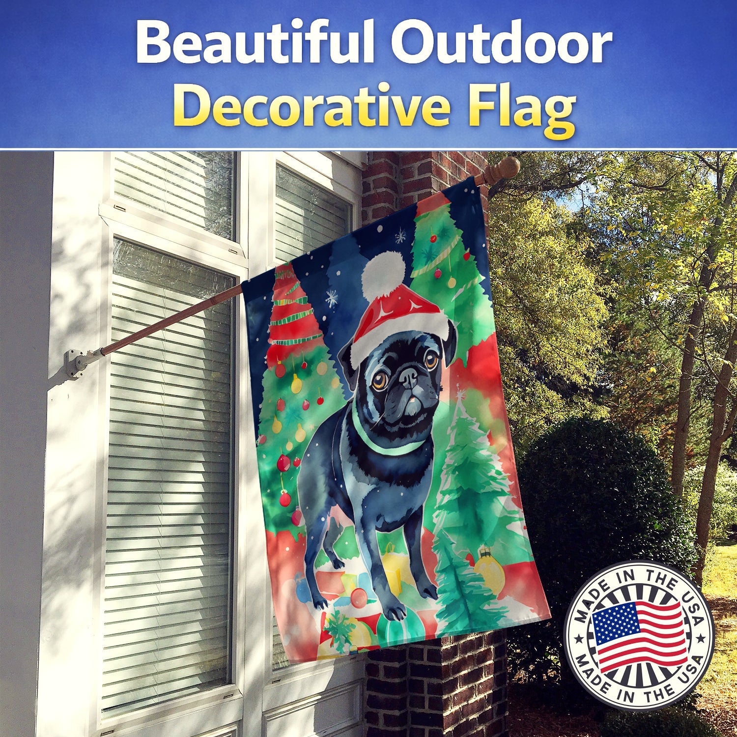 Pug Christmas House Flag 28x40 Porch Sleeve Pole Decorative Outside Yard Banner Artwork Wall Hanging, Polyester