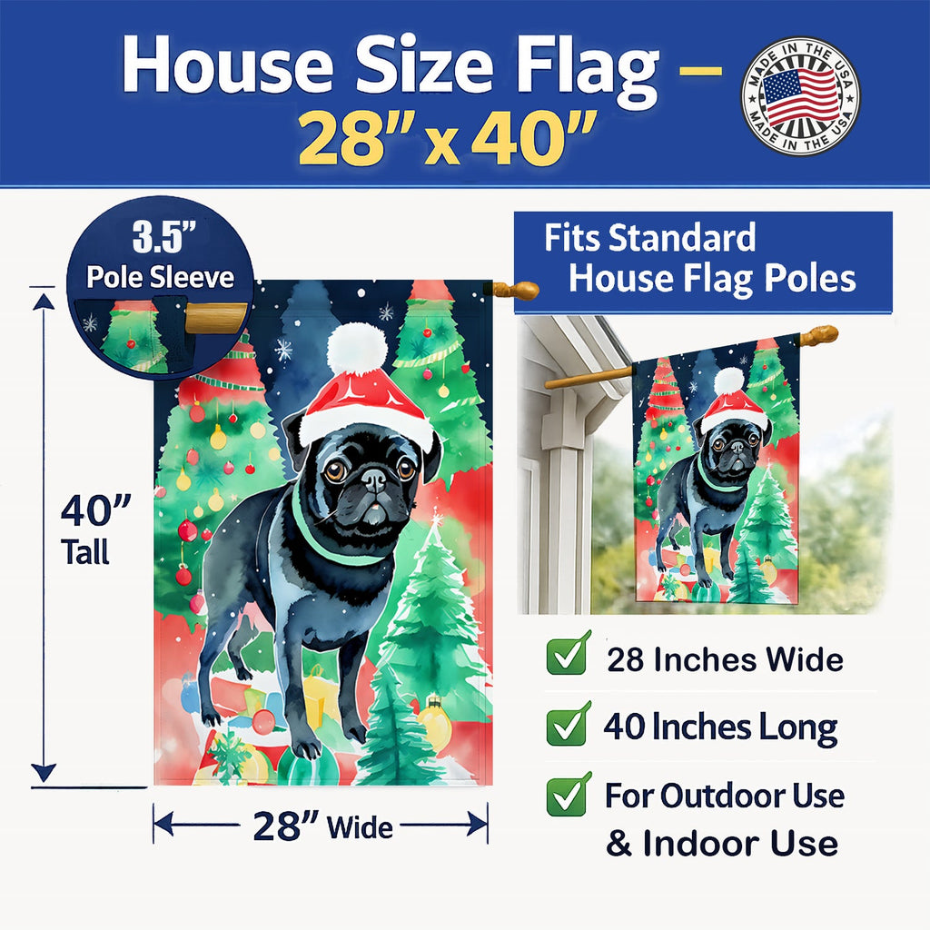 Pug Christmas House Flag 28x40 Porch Sleeve Pole Decorative Outside Yard Banner Artwork Wall Hanging, Polyester