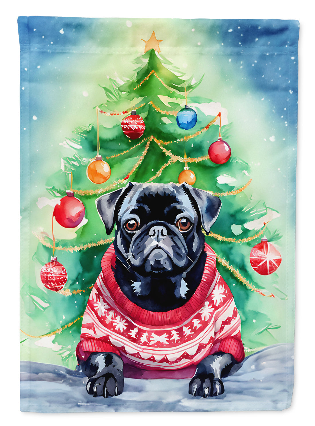 Pug Christmas House Flag 28x40 Porch Sleeve Pole Decorative Outside Yard Banner Artwork Wall Hanging, Polyester