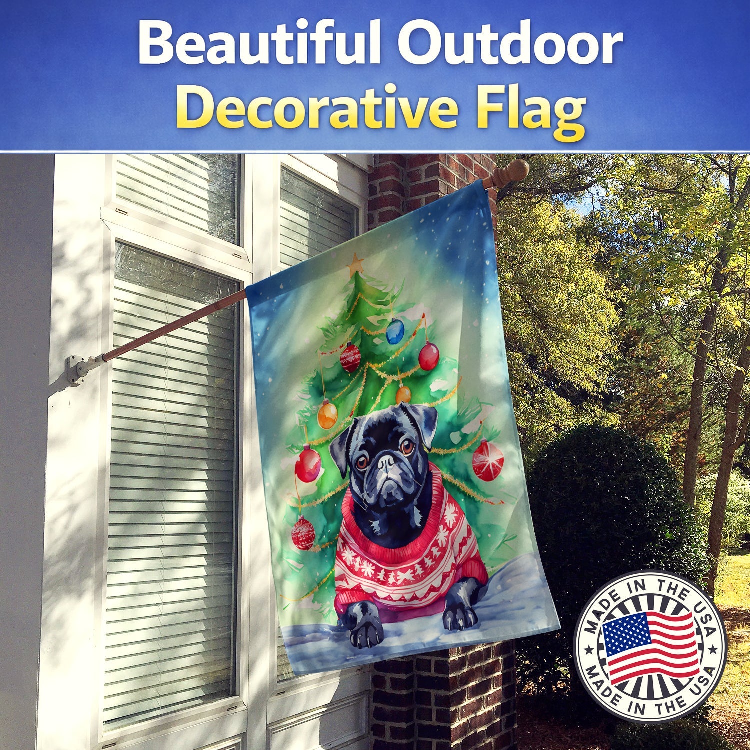 Pug Christmas House Flag 28x40 Porch Sleeve Pole Decorative Outside Yard Banner Artwork Wall Hanging, Polyester