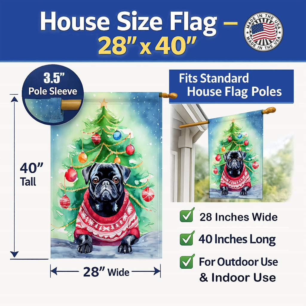Pug Christmas House Flag 28x40 Porch Sleeve Pole Decorative Outside Yard Banner Artwork Wall Hanging, Polyester