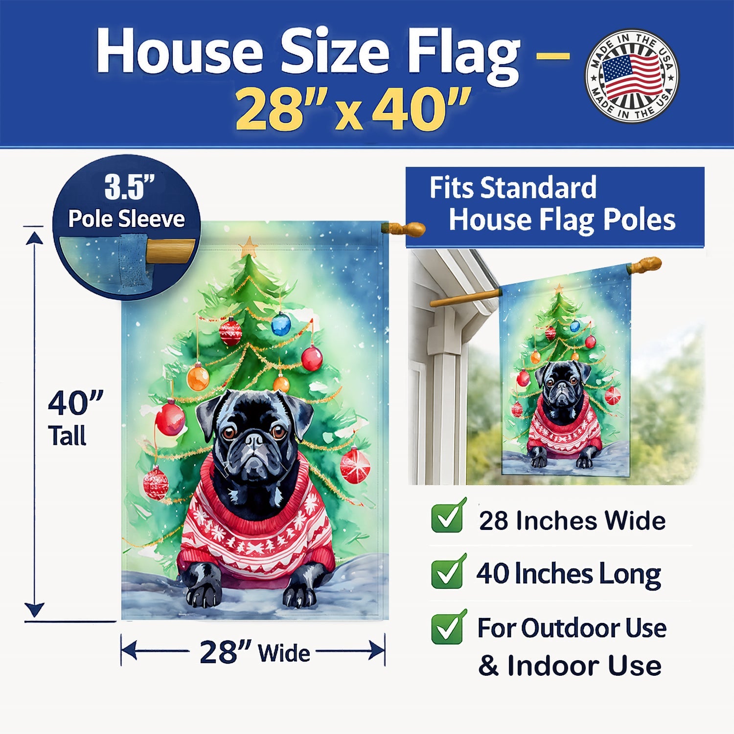 Pug Christmas House Flag 28x40 Porch Sleeve Pole Decorative Outside Yard Banner Artwork Wall Hanging, Polyester