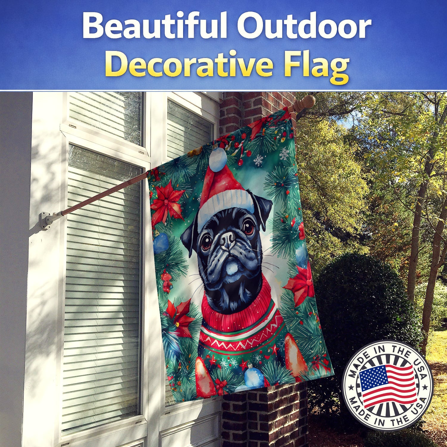 Pug Christmas House Flag 28x40 Porch Sleeve Pole Decorative Outside Yard Banner Artwork Wall Hanging, Polyester