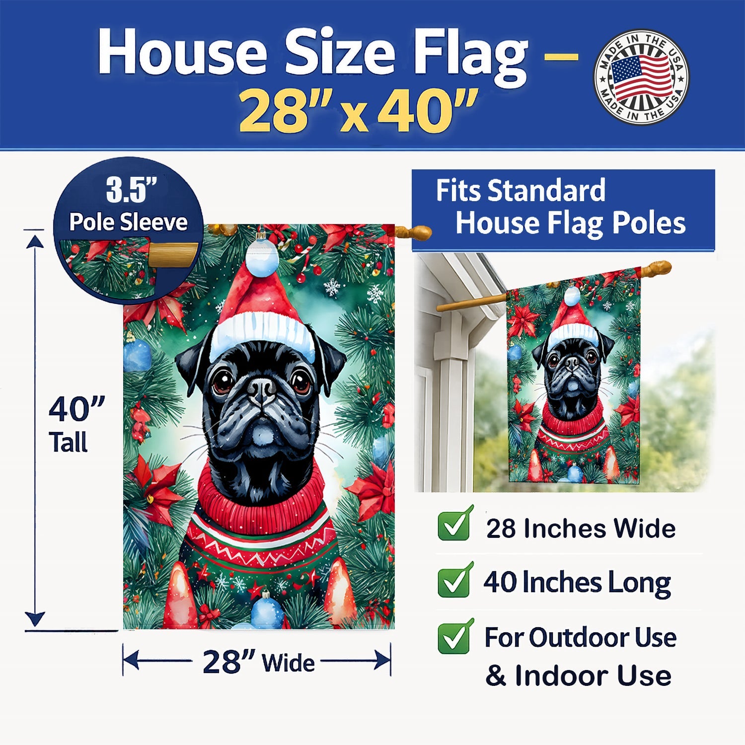 Pug Christmas House Flag 28x40 Porch Sleeve Pole Decorative Outside Yard Banner Artwork Wall Hanging, Polyester