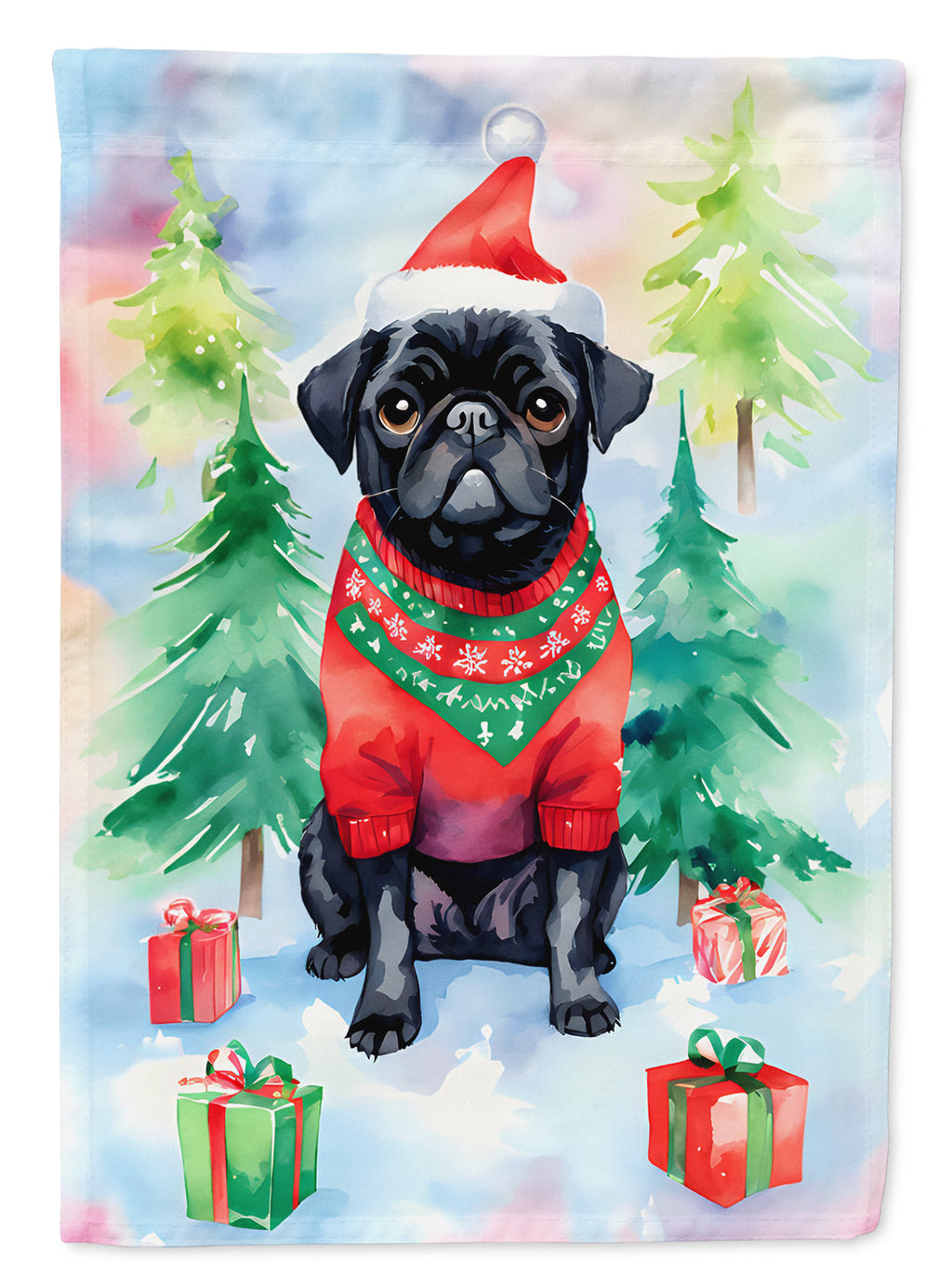 Pug Christmas House Flag 28x40 Porch Sleeve Pole Decorative Outside Yard Banner Artwork Wall Hanging, Polyester