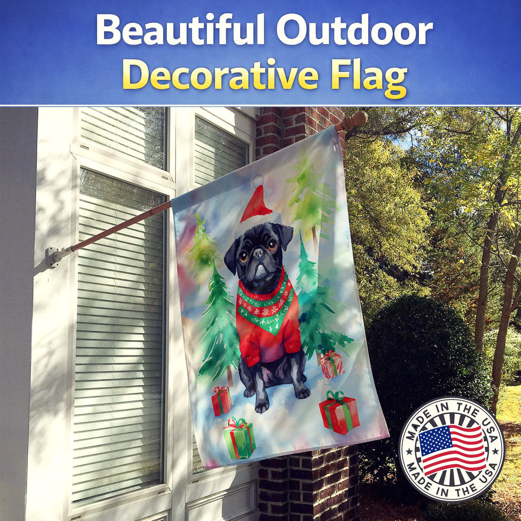 Pug Christmas House Flag 28x40 Porch Sleeve Pole Decorative Outside Yard Banner Artwork Wall Hanging, Polyester