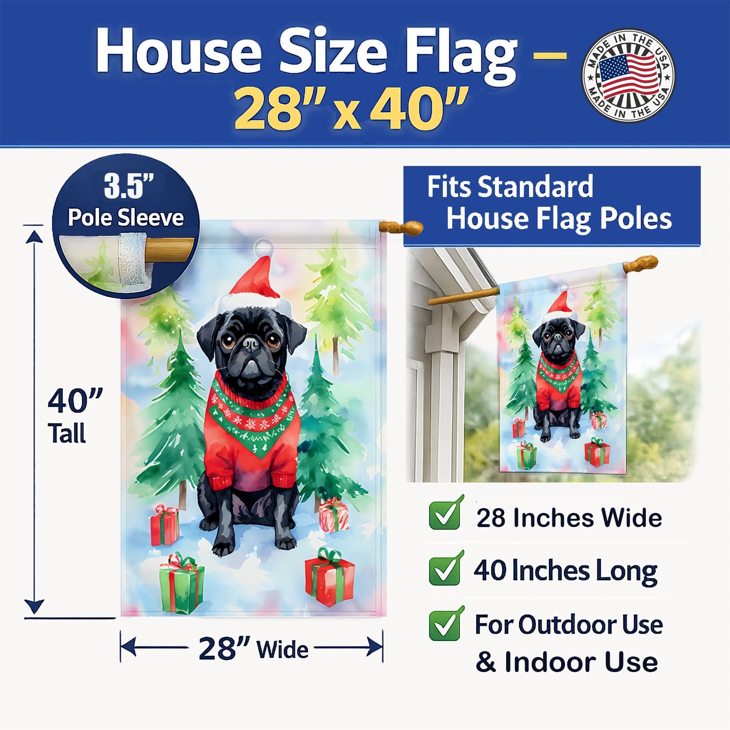 Pug Christmas House Flag 28x40 Porch Sleeve Pole Decorative Outside Yard Banner Artwork Wall Hanging, Polyester