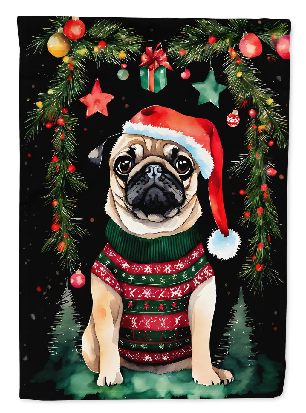 Pug Christmas House Flag 28x40 Porch Sleeve Pole Decorative Outside Yard Banner Artwork Wall Hanging, Polyester