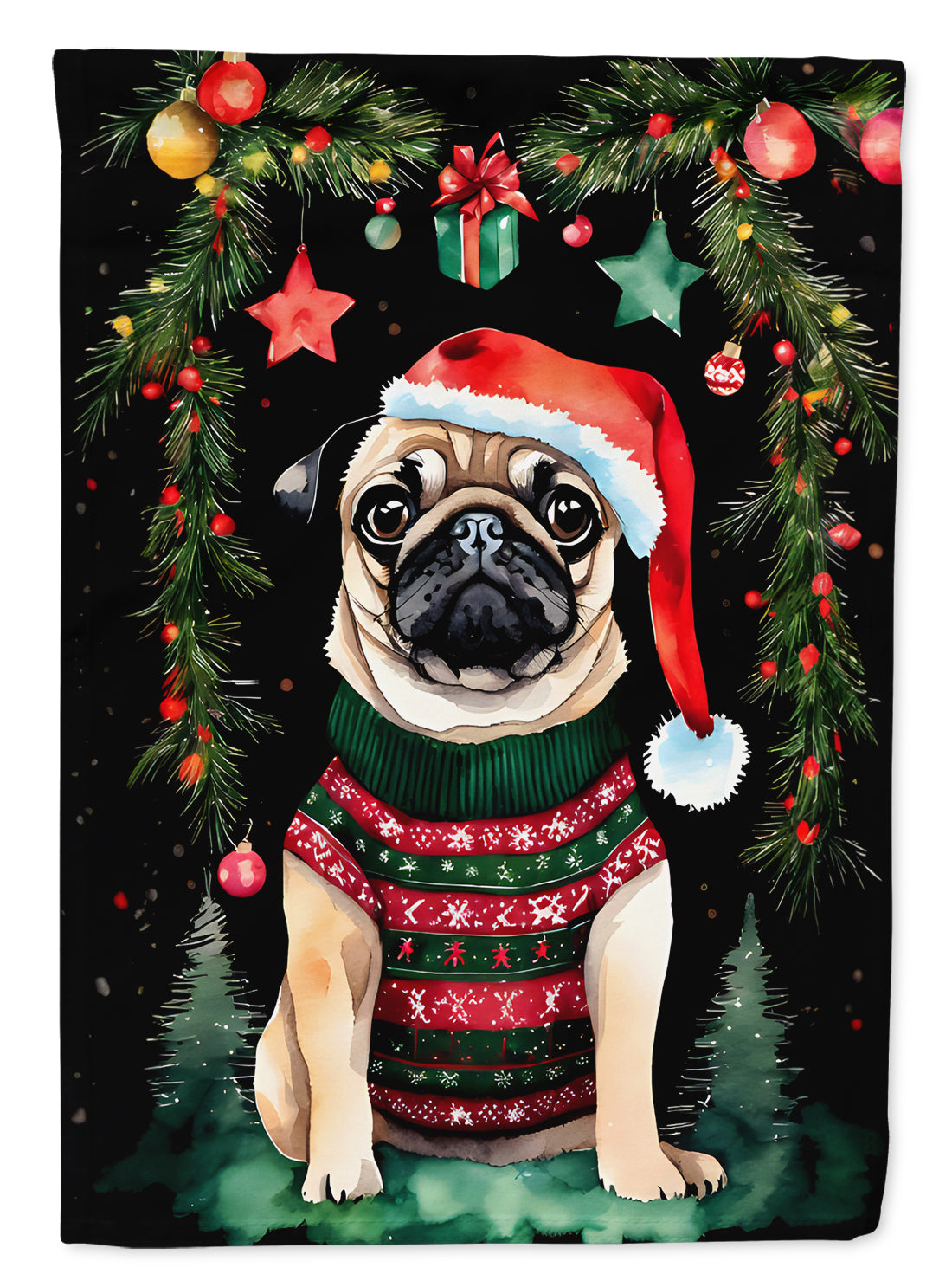 Pug Christmas House Flag 28x40 Porch Sleeve Pole Decorative Outside Yard Banner Artwork Wall Hanging, Polyester