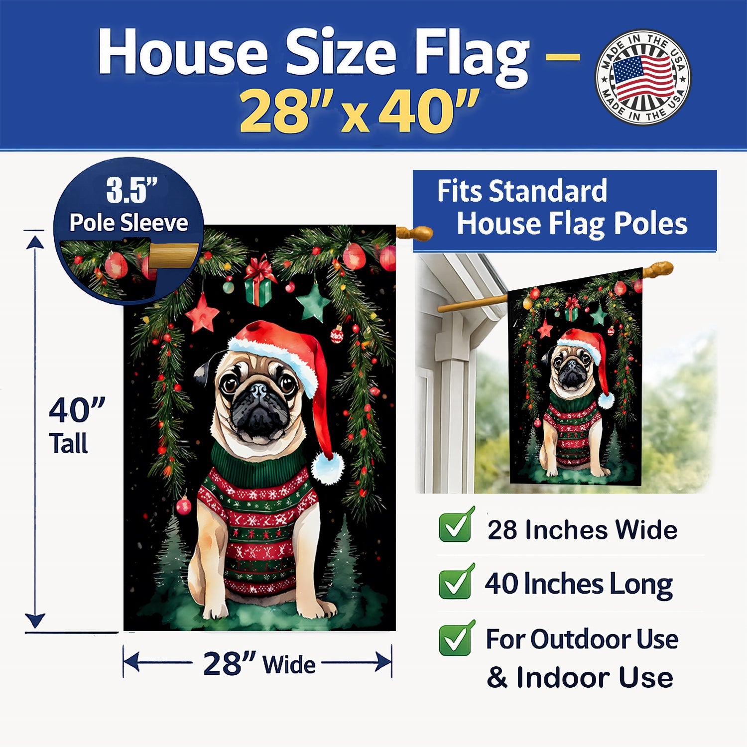 Pug Christmas House Flag 28x40 Porch Sleeve Pole Decorative Outside Yard Banner Artwork Wall Hanging, Polyester