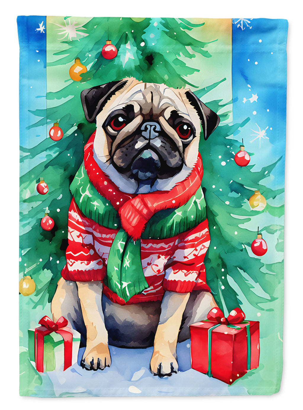 Pug Christmas House Flag 28x40 Porch Sleeve Pole Decorative Outside Yard Banner Artwork Wall Hanging, Polyester