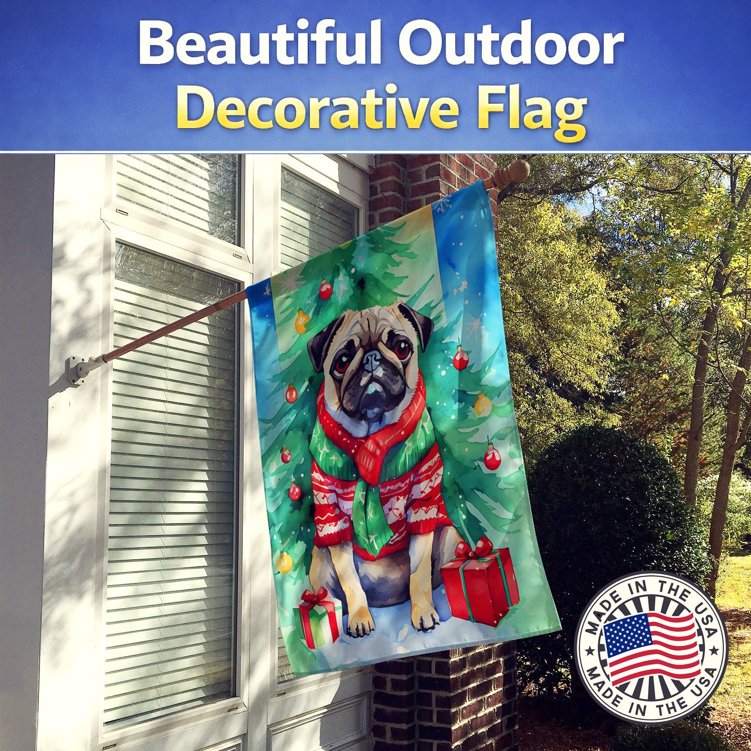Pug Christmas House Flag 28x40 Porch Sleeve Pole Decorative Outside Yard Banner Artwork Wall Hanging, Polyester