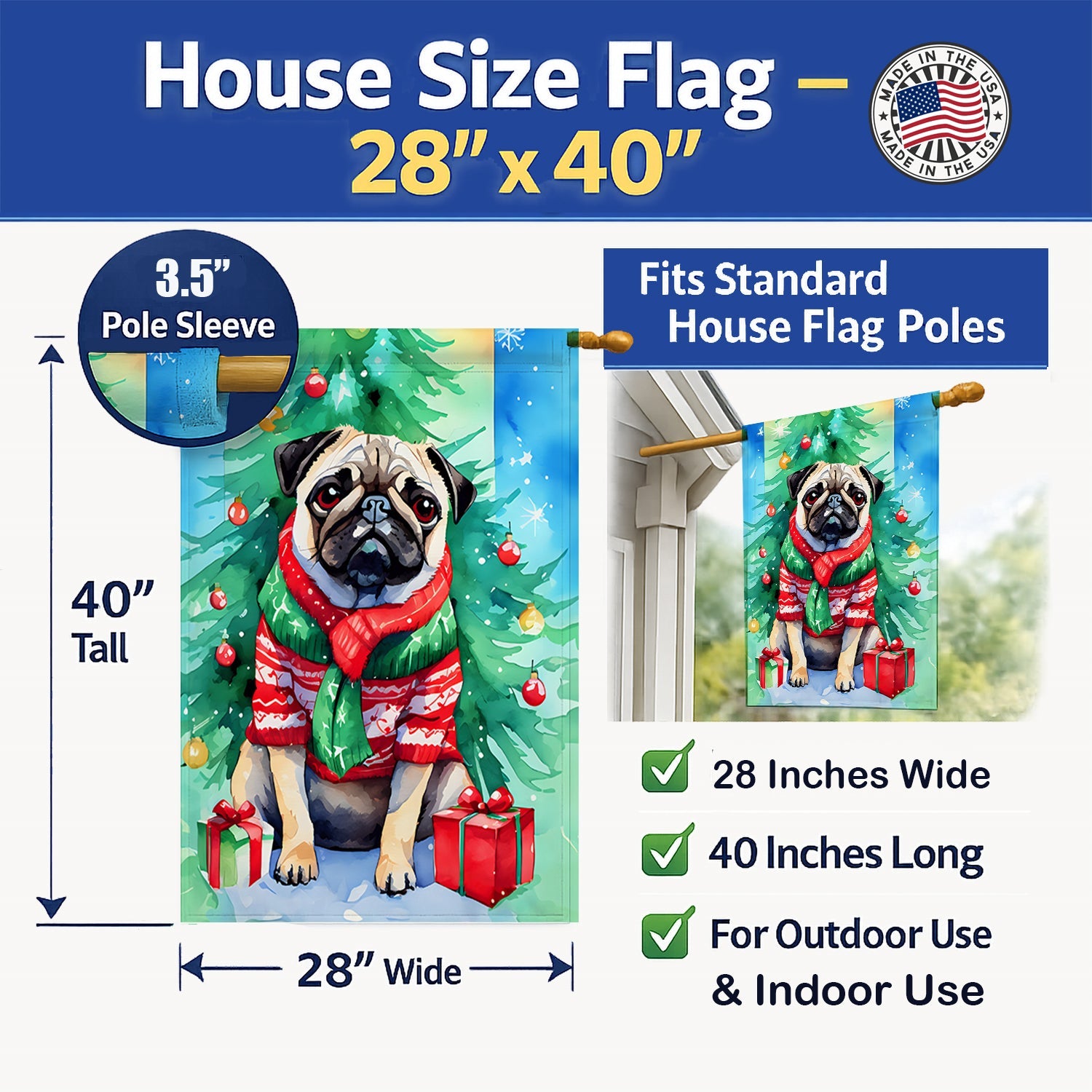 Pug Christmas House Flag 28x40 Porch Sleeve Pole Decorative Outside Yard Banner Artwork Wall Hanging, Polyester
