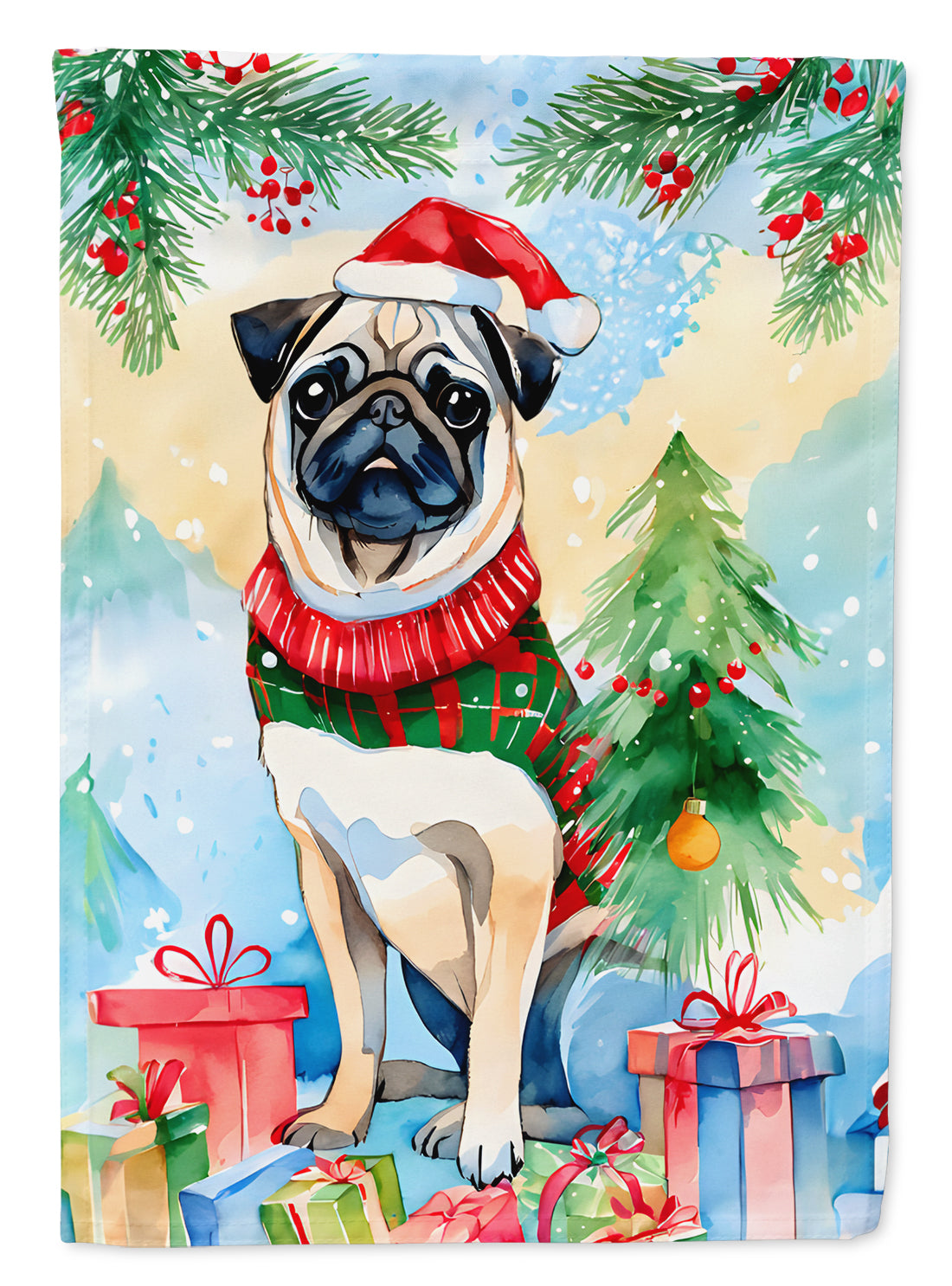 Pug Christmas House Flag 28x40 Porch Sleeve Pole Decorative Outside Yard Banner Artwork Wall Hanging, Polyester